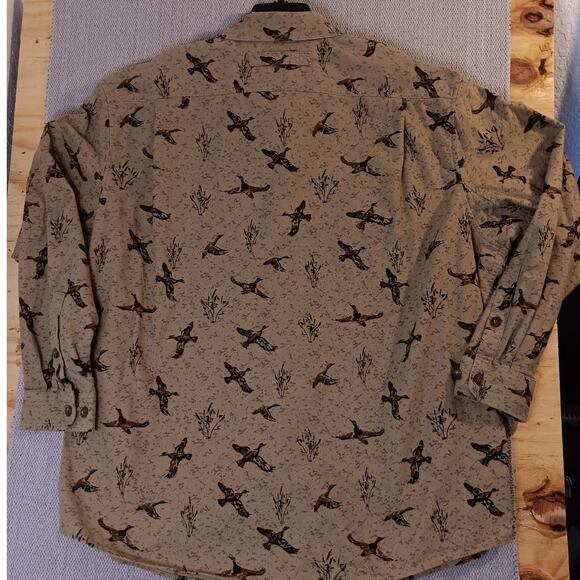 Duluth Trading Flannel Shirt 3XL Tan Flying Ducks Hunting Relaxed Fit Pockets - Picture 9 of 13